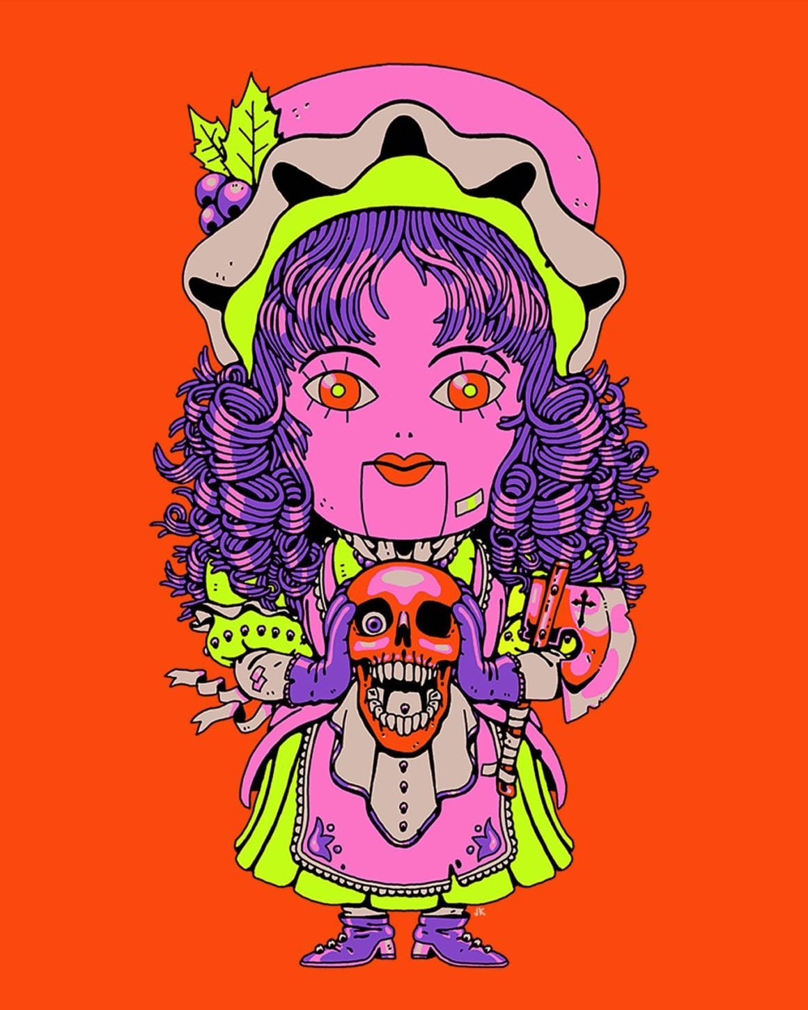 Illustration style manga représentant une dame toute petite avec la peau rose, les cheveux violets en anglaise, ainsi que la bouche et les yeux rouges. Elle tient entre ses mains un crâne lui aussi rouge
