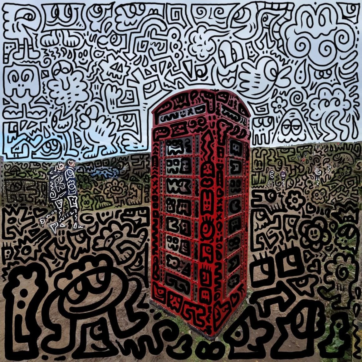 Photo d'une cabine téléphonique londonienne dans une rue. Tout est recouvert de pleins de graffitis.