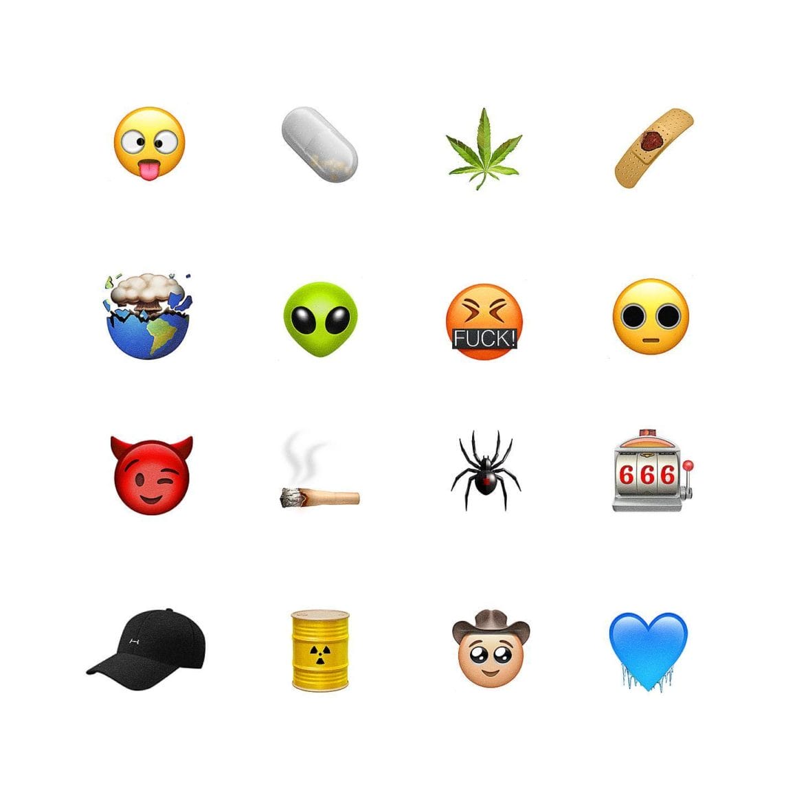 16 emojis controversés. Notamment un joint, une feuille de cannabis, une terre qui explose un diable qui fait un clin d'oeil