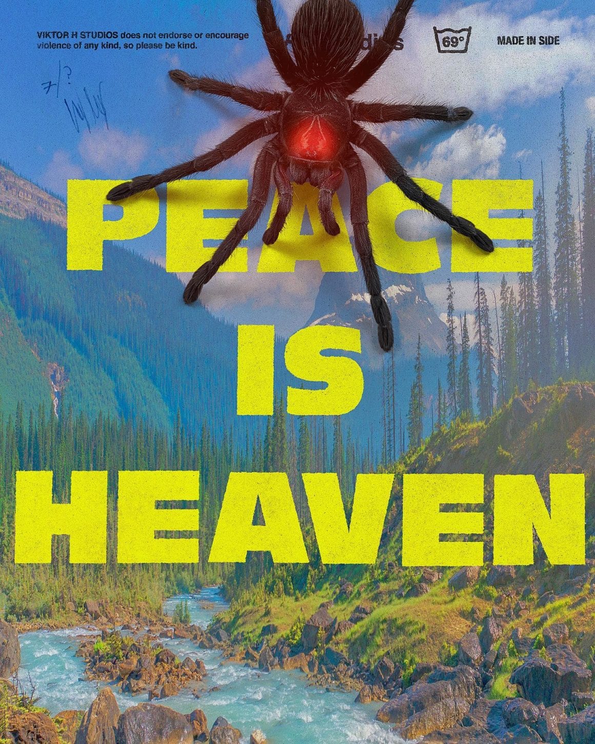 Affiche d'une forêt américaine avec la phrase en jaune "Peace is heaven" (la paix est le paradis" Sur la photo, nous pouvons observer une araignée noire aux yeux rouges se positionner