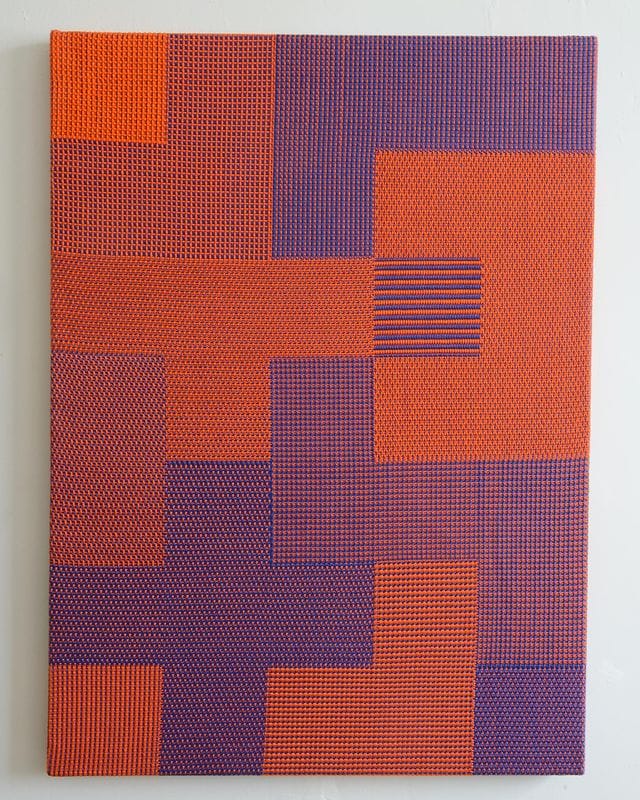 Susie Taylor -Tetris Texture, Orange Blue, 2022, weaving (cotton), 48” x 35”