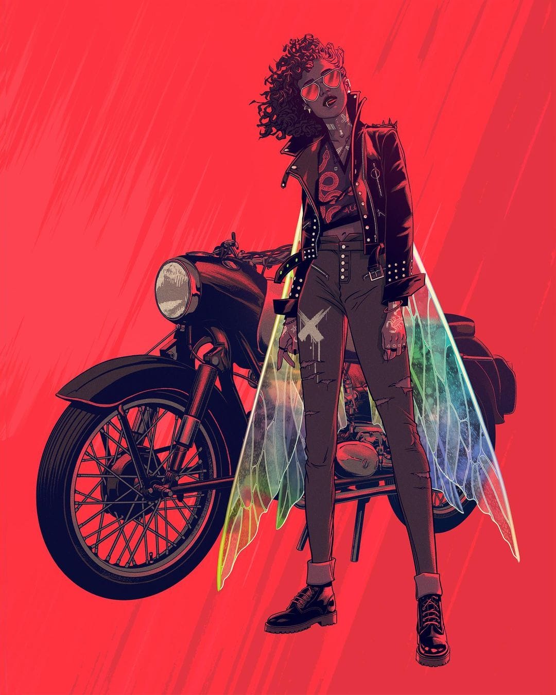 Affiche de Kevin Tong d'une femme aux ailes de fées dans des tons rouges et noirs
