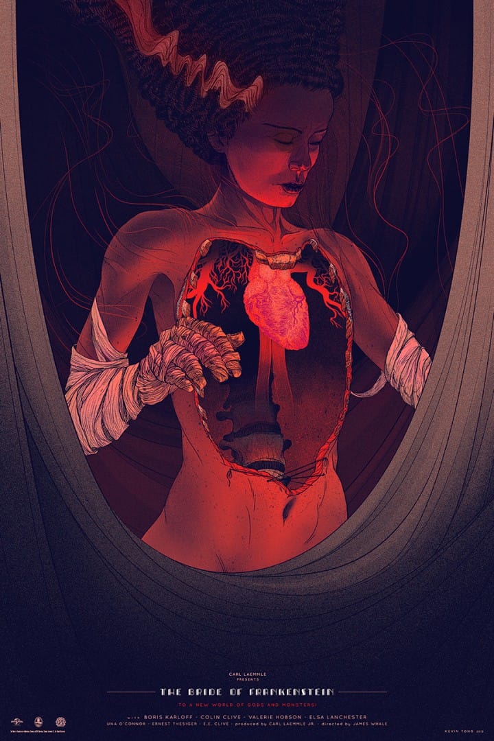 Illustration de Kevin Tong d'une femme, la fiancée de Frankenstein, avec le coeur apparant