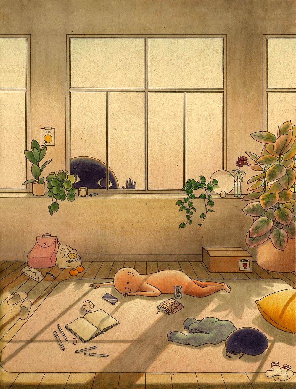 Illustration de Felicia Chiao, un protagoniste allongé au sol au milieu de ses affaires.