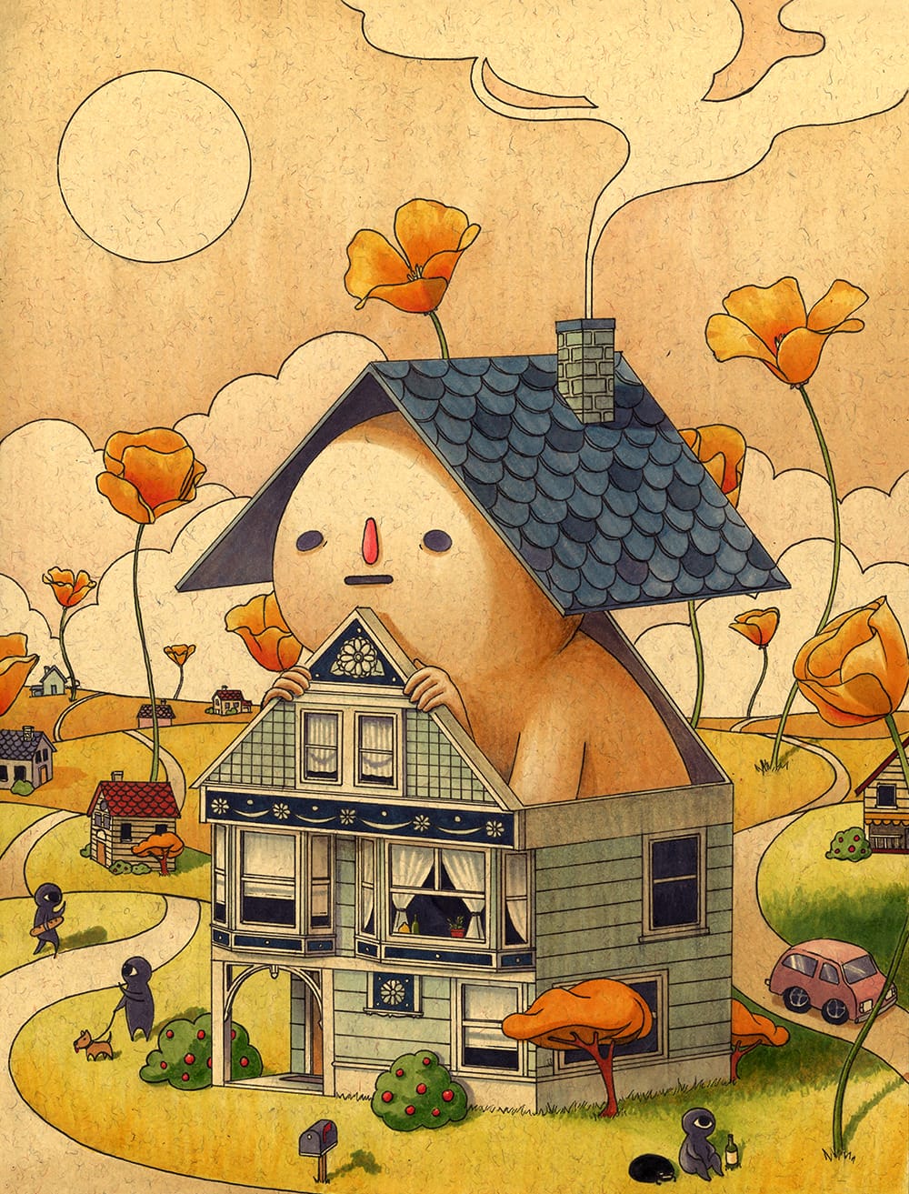 Illustration de Felicia Chiao, un protagoniste assis dans une petite maison, le toit sur la tête.