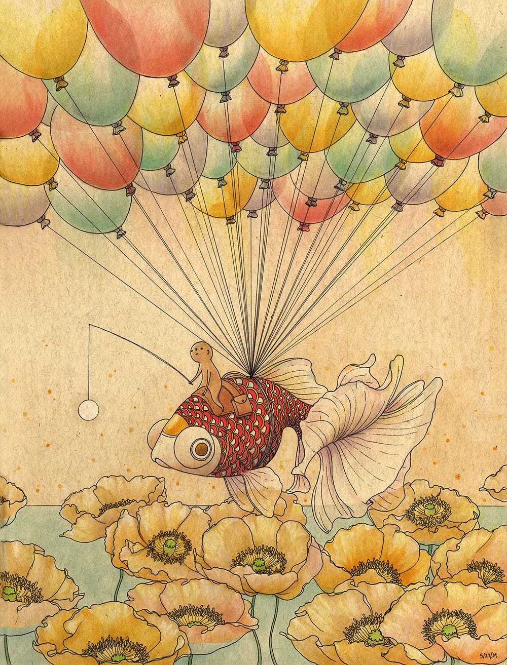 Illustration de Felicia Chiao, protagoniste sur un poisson volant grâce à des ballons.