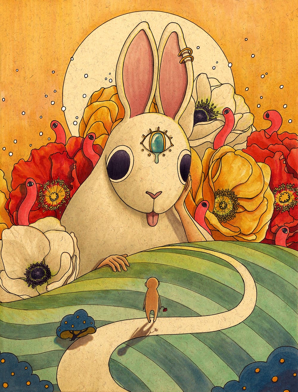 Illustration de Felicia Chiao, un lapin géant avec 3 yeux fait face à un petit protagoniste.