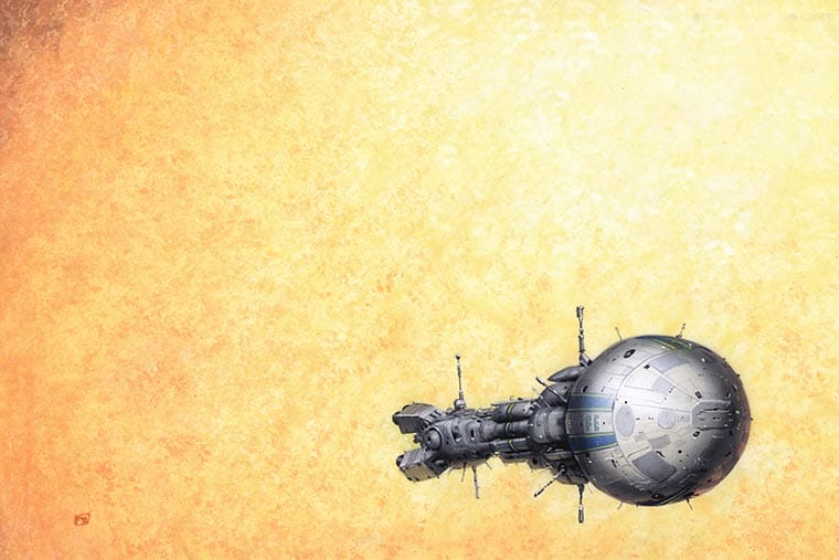 vaisseau spatial petit comparé à l'espèce de grand soleil derrière, immense et éblouissant