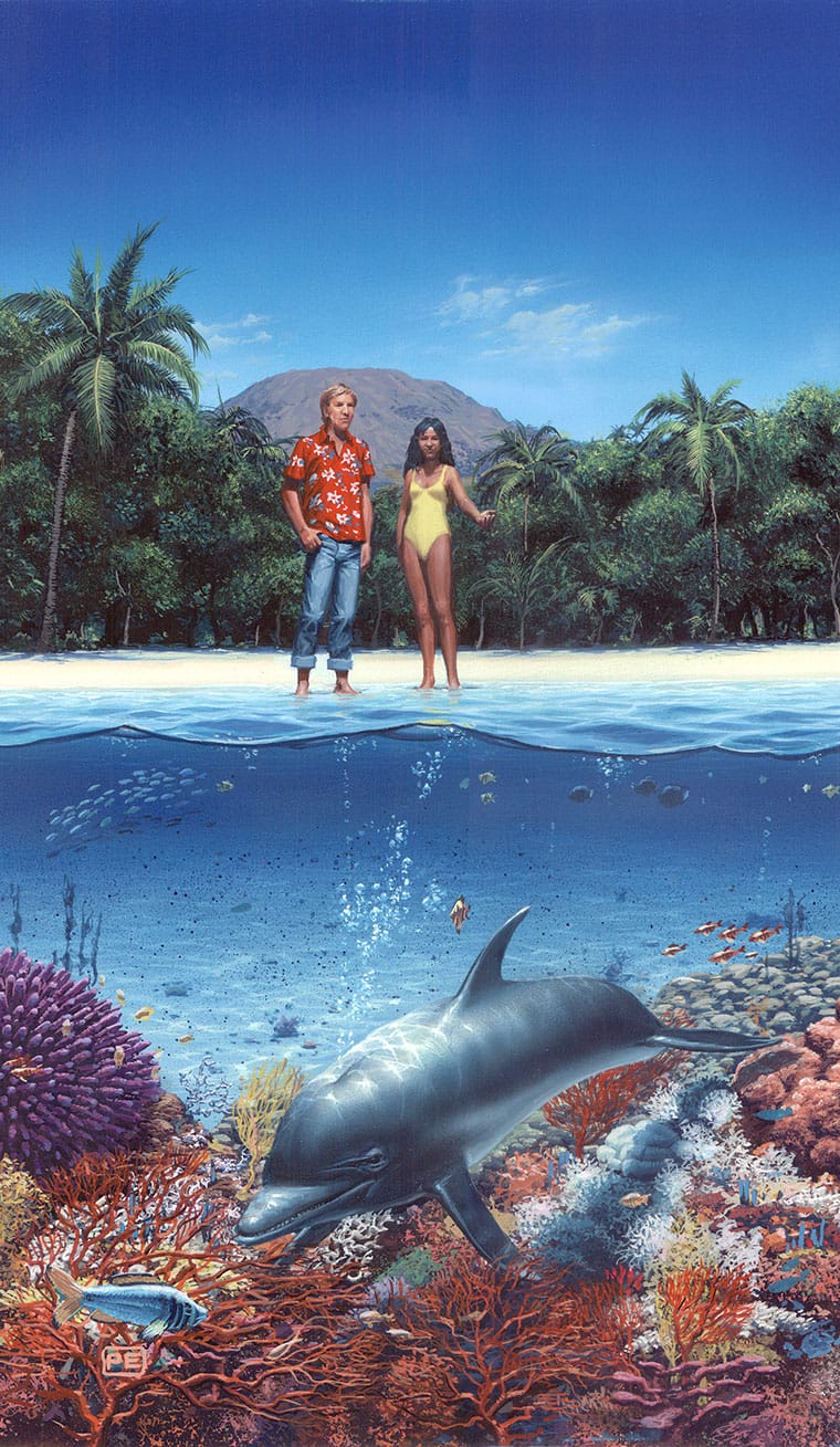 une femme et un homme sur la plage de ce qui ressemble à une île paradisiaque, avec un dauphin et d'autres éléments de flore et faune marines sous l'eau en contrebas