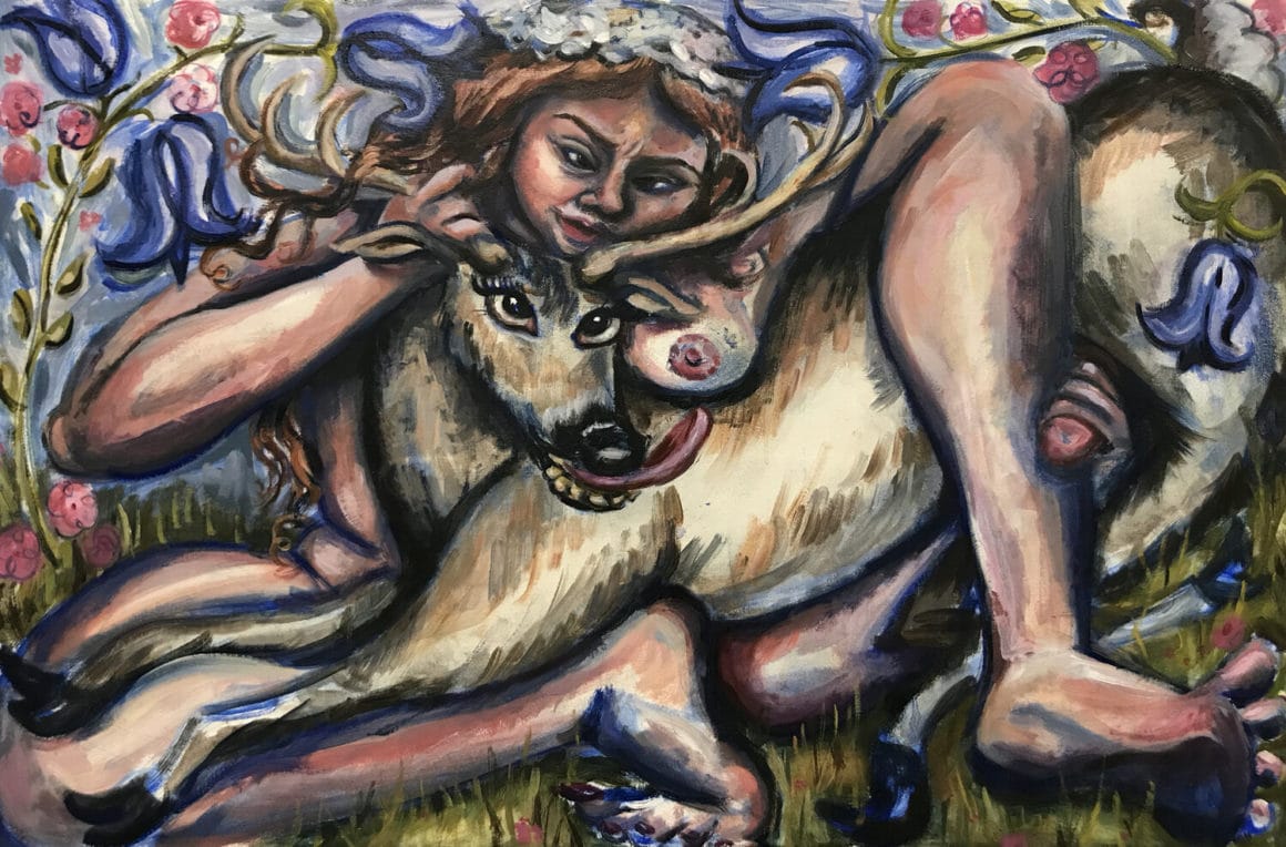 femme en pleine étreinte avec un cerf, tous leurs membres sont entremêlés, on voit un sein de la femme et le sexe de l'animal, qui a la langue sortie
