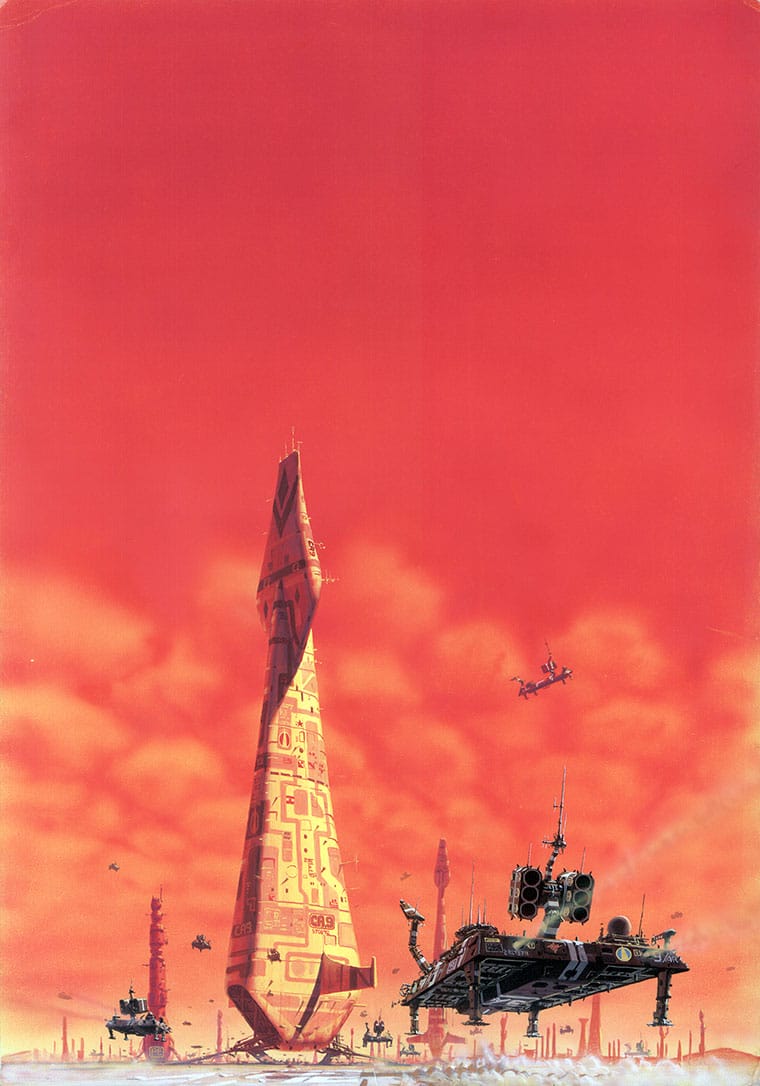 images de vaisseaux spatiaux sur une planète étrange au ciel orange immense, paysage futuriste