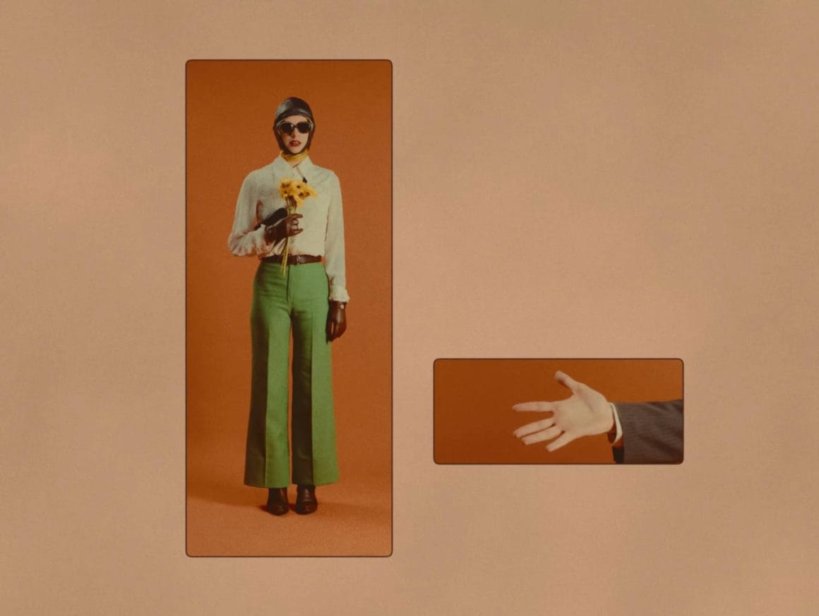 Marion Tiratay en chemise blanche avec pantalon vert, sur fond orange dans un cadre, avec bouquet de fleurs, lunettes de soleil et casque + main ouverte dans un deuxième cadre